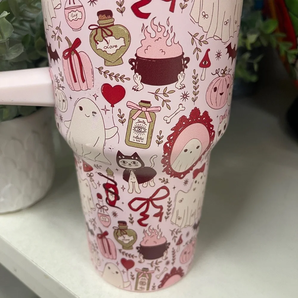Pink Halloween Ghosts Cats Bows Insulated Stainless Tumbler w/Lid Straw 40ozNWT